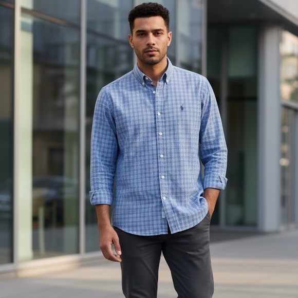 Vintage 90s Ralph Lauren Yarmouth Blue Plaid Button Down 100% Cotton 16.5 32/34 - Picture 2 of 4